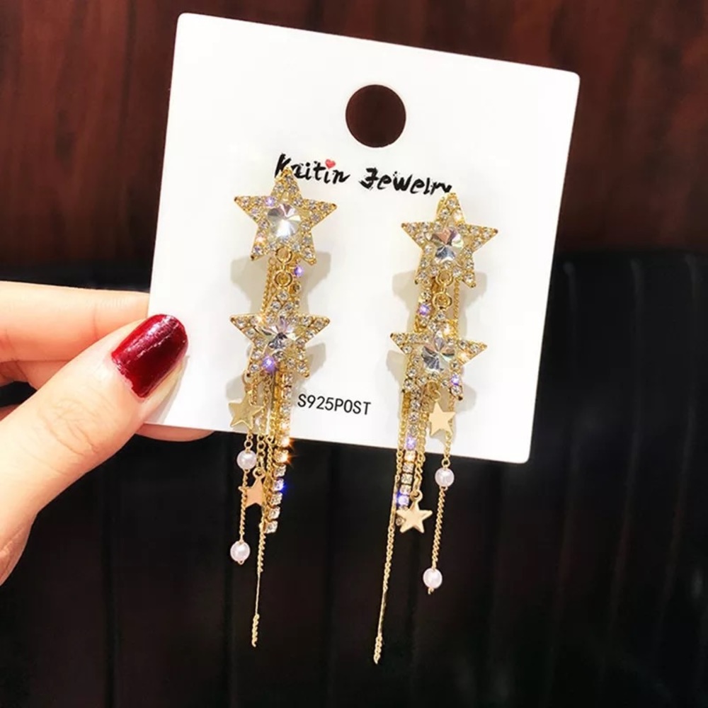 🌺Shiny Star Long Tassel crystal Drop earring - Picture 14 of 16